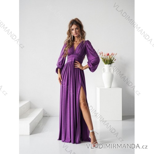Women's Long Elegant Dress with Wide Straps (SL) FRENCH FASHION FMPEL23VELVET Dark, Purple 46