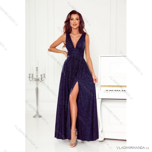 Women's Long Elegant Dress with Wide Straps (SL) FRENCH FASHION FMPEL23VELVET dark blue 36