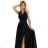 587-2 MONIQUE long exclusive satin dress with neckline and leg slit - black