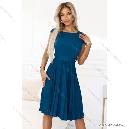 311-17 LILA Classic pleated dress with short sleeves and a belt - sea ​​color