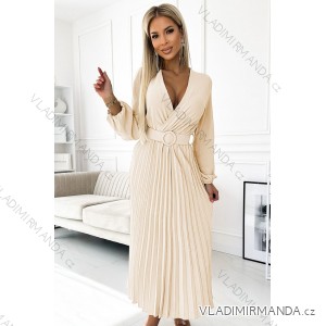 504-7 VIVIANA Pleated midi dress with scoop neckline, long sleeves and wide belt - light beige