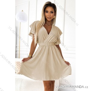 586-1 Women's dress with envelope neckline, sleeves and belt - beige