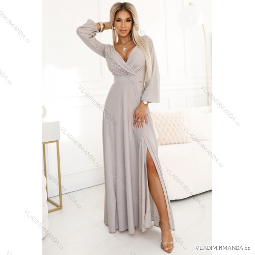 572-3 NELA shiny long dress with a neckline, long sleeves and a leg slit - beige