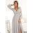572-3 NELA shiny long dress with a neckline, long sleeves and a leg slit - beige