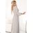 572-3 NELA shiny long dress with a neckline, long sleeves and a leg slit - beige