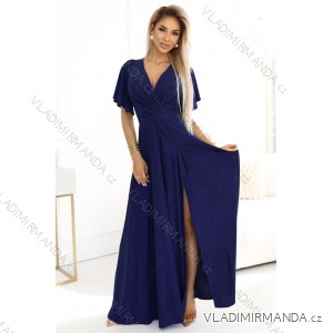 581-5 JENNIFER shiny long dress with sleeves and neckline - navy blue with glitter
