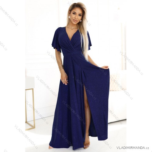 581-5 JENNIFER shiny long dress with sleeves and neckline - navy blue with glitter