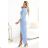 404-12 Shiny long dress with a neckline and a slit on the leg - light blue with glitter