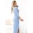 404-12 Shiny long dress with a neckline and a slit on the leg - light blue with glitter