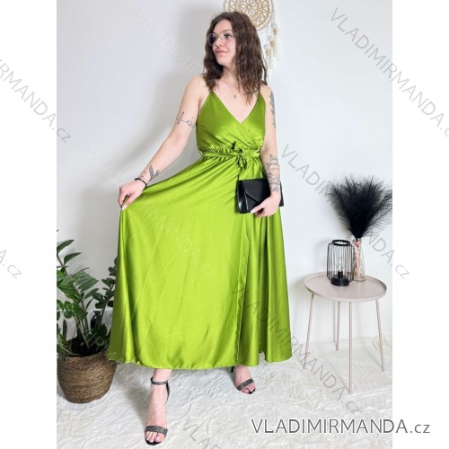 Long summer satin dress with straps women with belt (UNI S / M) ITALIAN FASHION IMM22INFINITE -   green pea -   S / M
