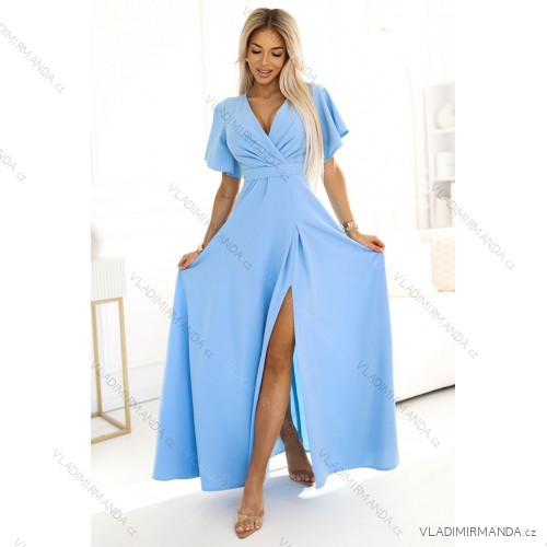 581-3 JENNIFER long dress with leg slit, sleeve and neckline - light blue Light blue L