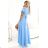 581-3 JENNIFER long dress with leg slit, sleeve and neckline - light blue Light blue L
