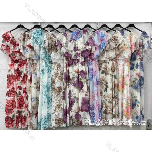 Long chiffon floral short sleeve dress for women, oversized (42/44/46 ONE SIZE) ITALIAN FASHION IMWHA251672