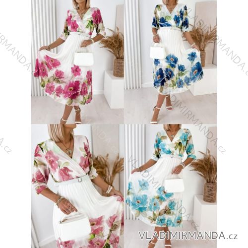 Chiffon dress summer pleated and floral with belt 3/4 long sleeve women's oversized (46/48/50 ONE SIZE) ITALIAN FASHION IMWGM251732