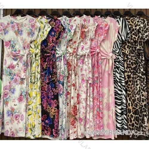 Long summer dress lemon, floral and leopard print short sleeve women's (XS/S/M ONE SIZE) ITALIAN FASHION IMWHD252133