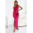 580-5 AURORA Long Satin One Shoulder Dress with Rose and Slit | Pink