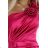 580-5 AURORA Long Satin One Shoulder Dress with Rose and Slit | Pink