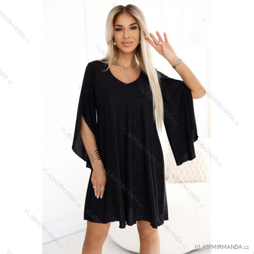 597-1 LIVIA Elegant trapeze dress with butterfly sleeves - black with glitter