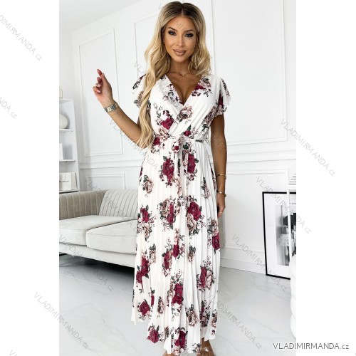 434-8 LISA Pleated midi dress with a neckline and frills - burgundy roses