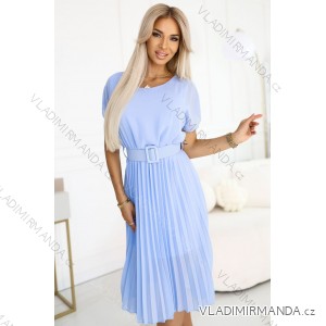 465-4 MIA Pleated Chiffon Midi Dress with Wide Belt - Light Blue