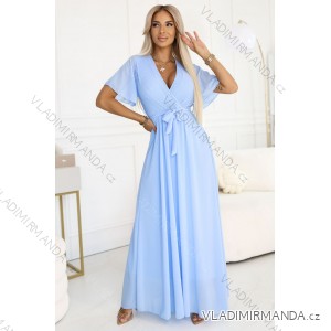 545-2 Long dress with pleated neckline and tie - light blue