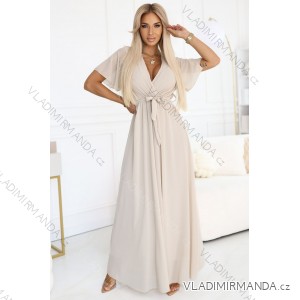 545-3 Long dress with pleated neckline and tie - beige