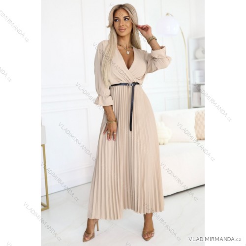 462-5 SERENA Pleated maxi dress with neckline, belt and 3/4 sleeves - DARK BEIGE