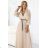 462-5 SERENA Pleated maxi dress with neckline, belt and 3/4 sleeves - DARK BEIGE