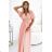 545-4 Long dress with pleated neckline and tie - peach color