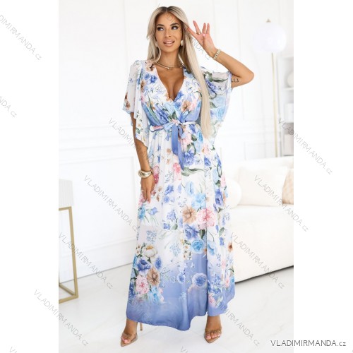 603-3 Airy wrap maxi dress with floral pattern – blue roses