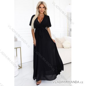 545-5 Long dress with pleated neckline and tie - black