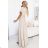 581-6 JENNIFER long dress with a leg slit, sleeves and a neckline - beige