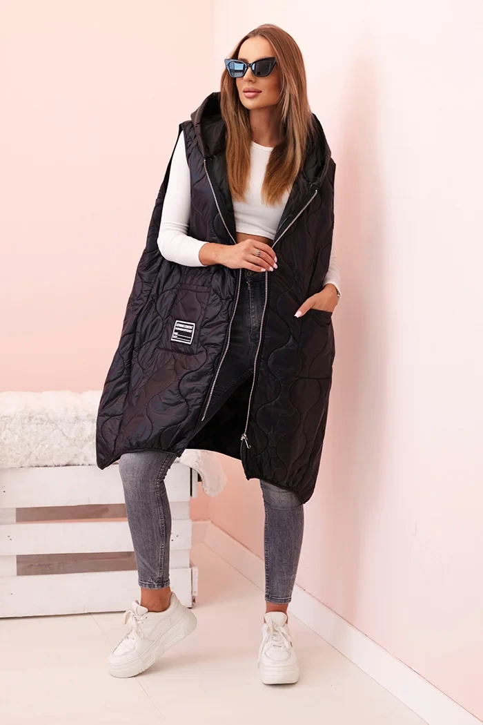 Women's Plus Size Quilted Vest with Hood and Zipper, Black