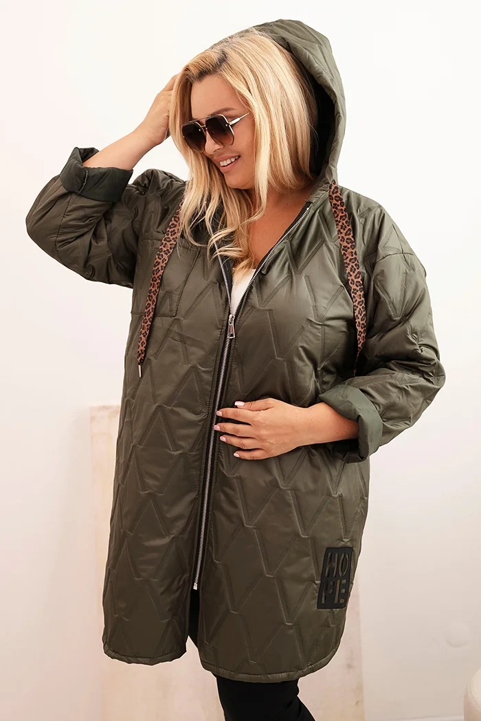 Women's Plus Size Quilted Hooded Jacket with HOPE Inscription, Khaki