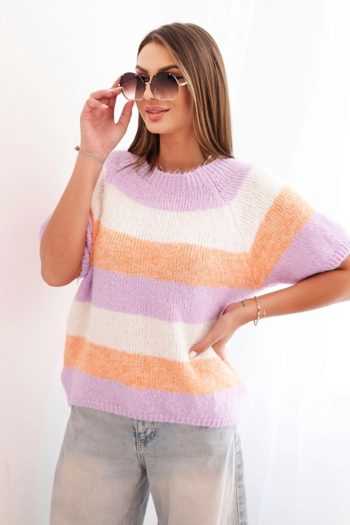 Women's short-sleeved striped wool sweater in apricot and purple