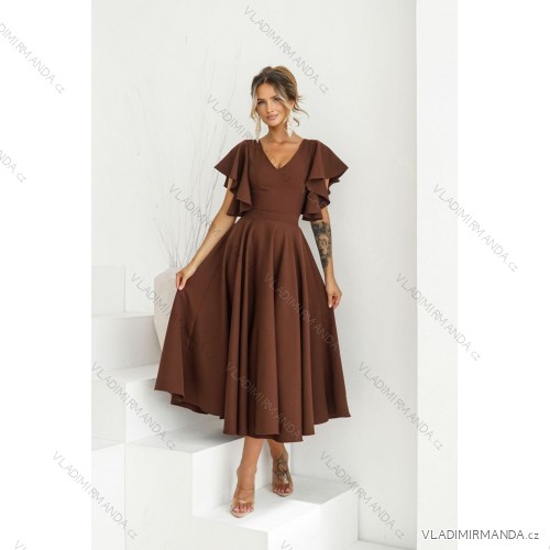 Women's Long Elegant Dress with Wide Straps (SL) FRENCH FASHION FMPEL23VELVET brown Chocolate 48