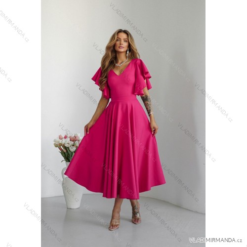 Women's Long Elegant Dress with Wide Straps (SL) FRENCH FASHION FMPEL23VELVET růžová fuchsiová 48