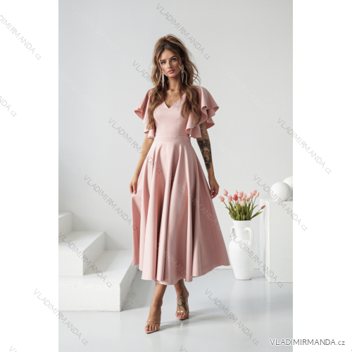 Women's Long Elegant Dress with Wide Straps (SL) FRENCH FASHION FMPEL23VELVET rose old rose 48