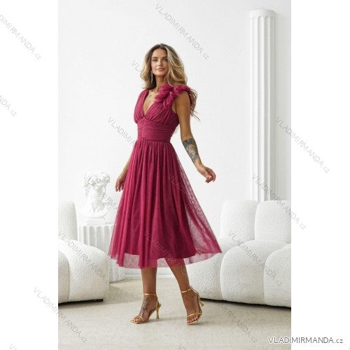 Women's Long Elegant Dress with Wide Straps (SL) FRENCH FASHION FMPEL23VELVET vínová bordo 42