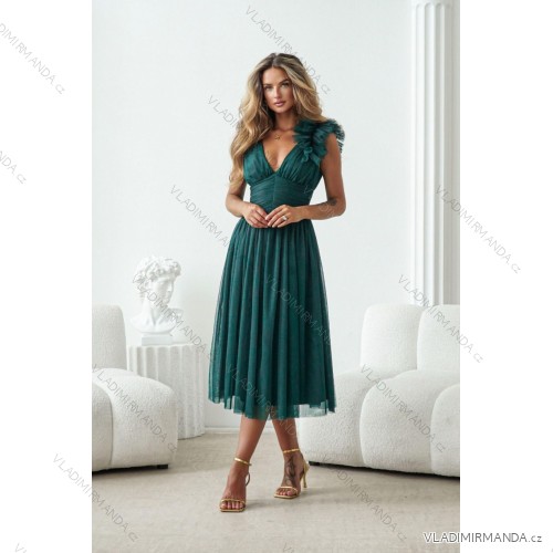 Women's Long Elegant Dress with Wide Straps (SL) FRENCH FASHION FMPEL23VELVET dark green 42