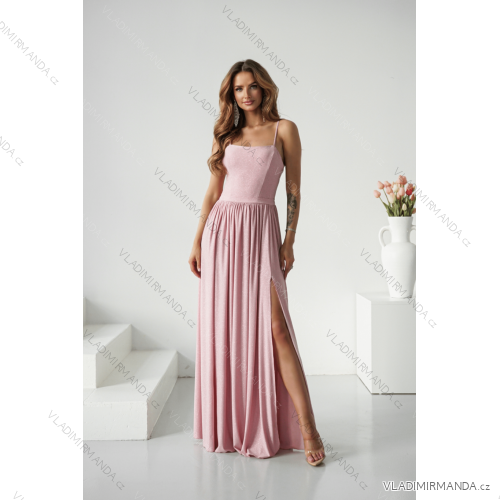 Women's Long Elegant Dress with Wide Straps (SL) FRENCH FASHION FMPEL23VELVET rose old rose 34