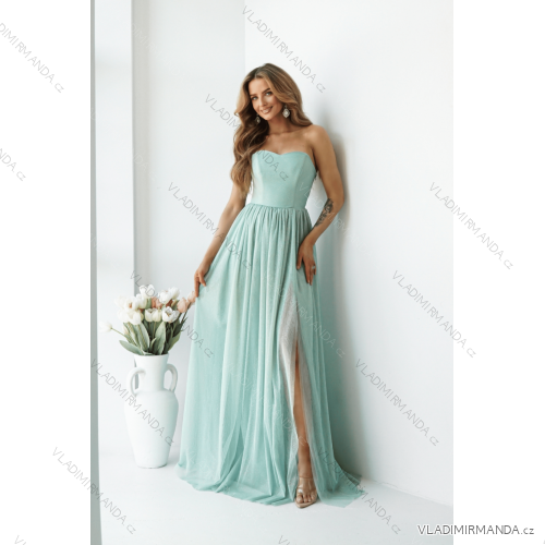 Women's Long Elegant Dress with Wide Straps (SL) FRENCH FASHION FMPEL23VELVET olive green 34