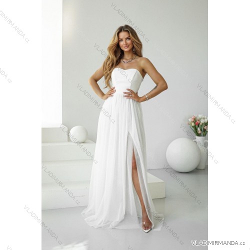 Women's Long Elegant Dress with Wide Straps (SL) FRENCH FASHION FMPEL23VELVET white 38