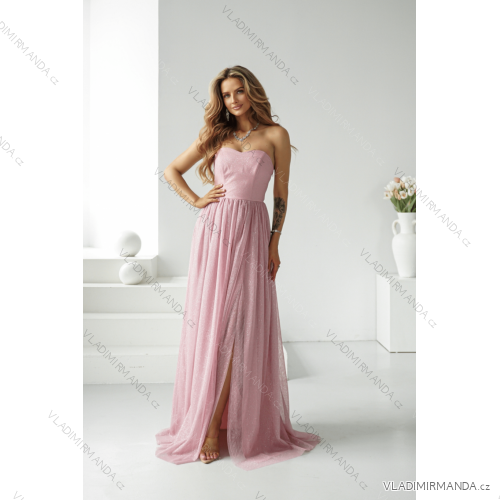 Women's Long Elegant Dress with Wide Straps (SL) FRENCH FASHION FMPEL23VELVET rose old rose 34