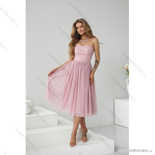 Women's Long Elegant Dress with Wide Straps (SL) FRENCH FASHION FMPEL23VELVET rose old rose 42