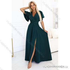 581-8 Long dress JENNIFER with slit on the legs, sleeves and neckline - green