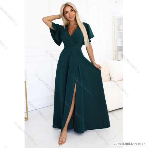 Dlouhé šaty JENNIFER s rozparkem na nohavicích, rukávy a výstřihem (S-3XL) Polská moda NMC-581-8/DUR green XL