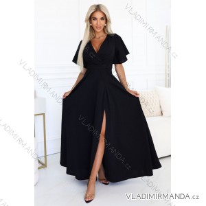 581-7 JENNIFER long dress with a leg slit, sleeves and a neckline - black