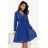 313-18 ISABELLE Elegant pleated dress with a neckline and long sleeves - cornflower blue