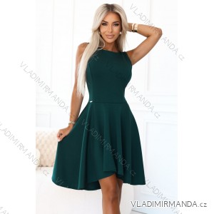 575-2 Flared dress with a spectacular longer back – bottle green